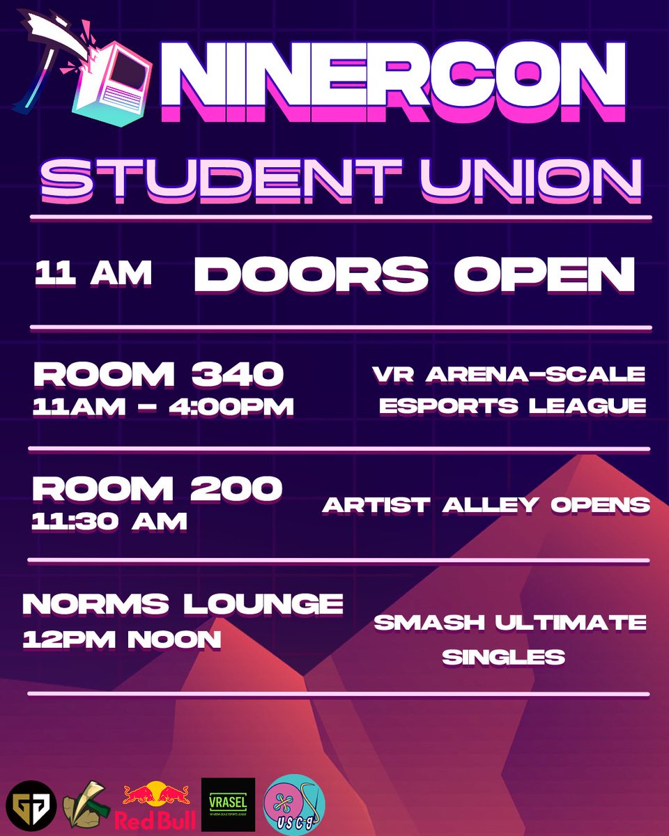 nineresports's tweet photo. ‼️ THE SCHEDULE IS OUT ‼️

Our schedule for the upcoming NINERCON is here and we’re PACKED with activities from 11 am to 8pm! Make sure you take a look through this and stop by 👀

🗓️ Date: Saturday, February 7th
📍Location: Student Union 
⏰ Time: 11am-8pm https://t.co/HZjJTBVOb3