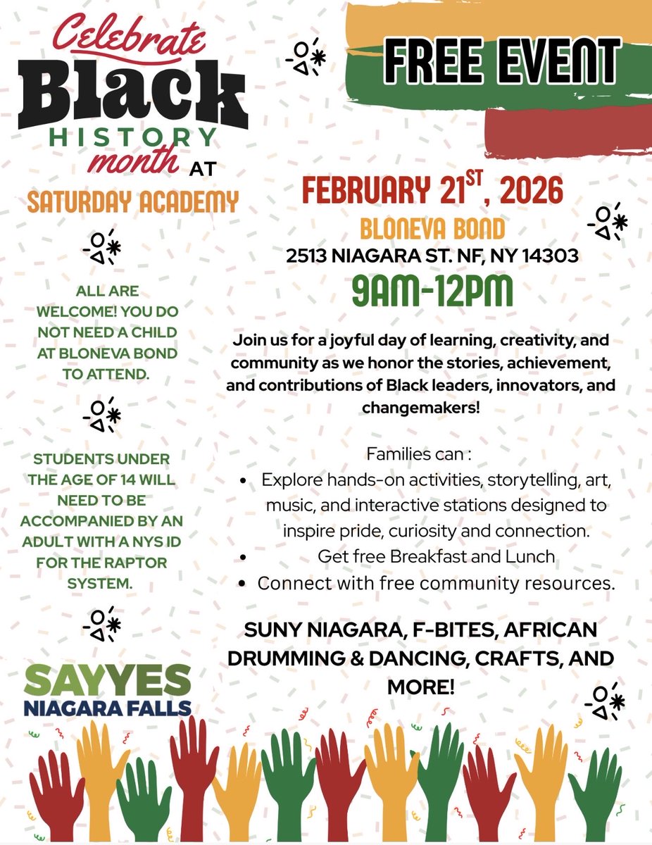 NSSElementary's tweet photo. Our next exciting SayYes Saturday Academy at Bloneva Bond is on Feb. 21st and will celebrate Black History Month! There will be exciting activities and attractions free for the whole family, including crafts, storytelling, art, music, interactive stations and more! https://t.co/5yAmEjFXOP