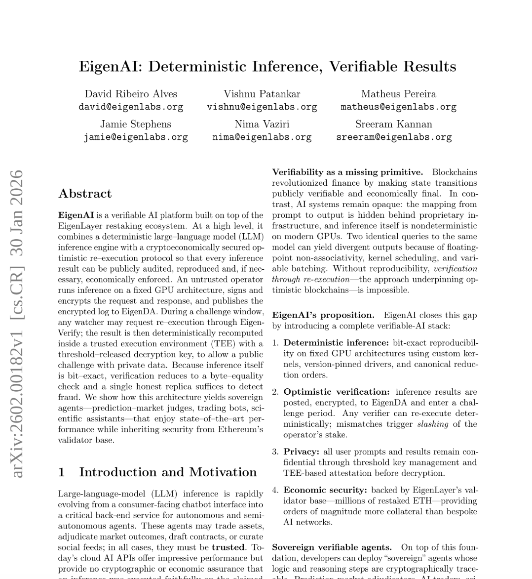 vishnu_patankar's tweet photo. Agents are only trustworthy if their reasoning is reproducible. 

Excited to publish our paper on Determinism for Inference that anchors LLM inference so every result can be re-executed bit-perfectly, making deviations detectable and decisions auditable. This is critical for high-stakes use cases like finance, adjudication and compliance.

We do this by using TEEs (Trusted Execution Environments) and threshold decryption keys to ensure that inference is bit-exact, meaning verification is a simple, provable byte-equality check.

Anchoring inference in determinism turns “black box” models into unstoppable verifiable agents.

More details ⬇️
