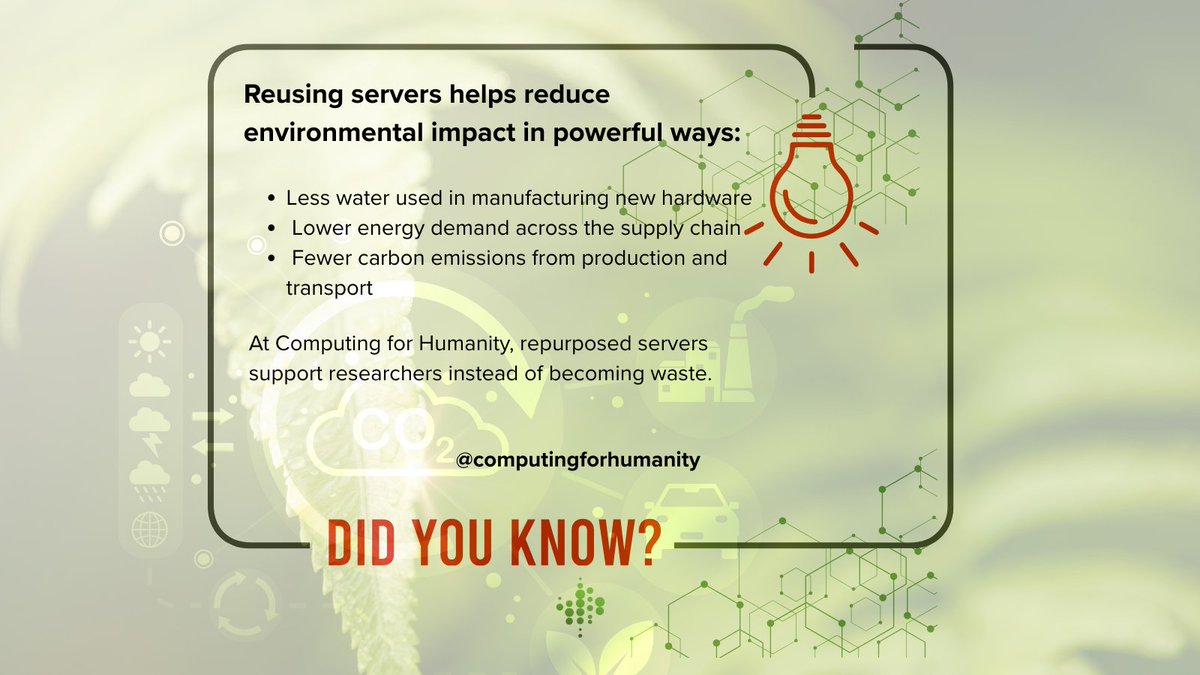 Comput4Humanity's tweet photo. Reusing servers saves resources—not just hardware.
Less water, less energy, fewer emissions, and less e-waste—while powering research.
#ComputingForHumanity #TechForGood #CircularEconomy https://t.co/MMrYzNBwZS