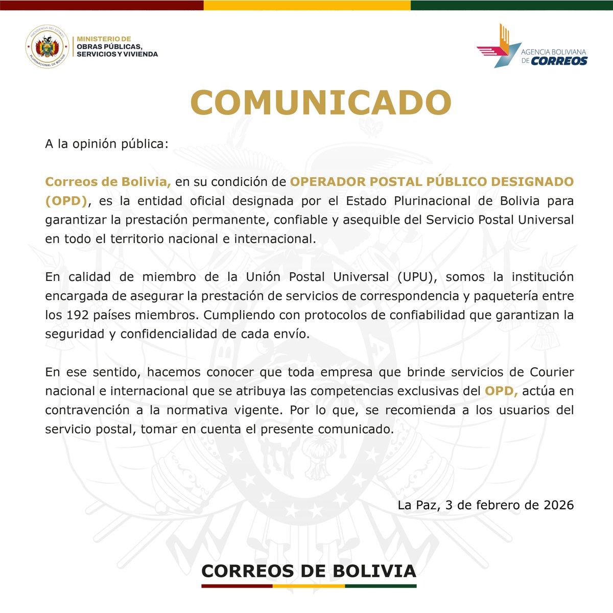 #Comunicado | Correos de Bolivia comunica a la opinión pública:
#Correos_Bolivia
#SiempreBolivia