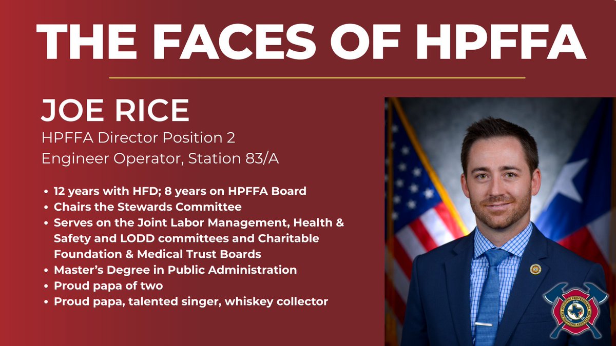 FirefightersHOU's tweet photo. Joe Rice's service extends beyond the firehouse. He's spent more than a decade with HFD & 8 years on the HPFFA Board, serving on several committees. He is also the voice that honors fallen firefighters. Drop a🔥to thank him.
#HPFFA #UnionStrong #HoustonFirefighters https://t.co/dTm91HmLP3