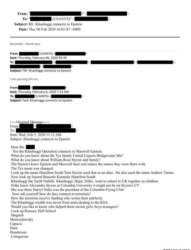 Eyes_wideopentv's tweet image. [Redacted] sends an email to US Attorney Services titled “Khashoggi connects to Epstein”. They discuss the links between international arms trader Adnan Khashoggi and JE. Also allude to the fact that JE and Ghislaine were born with different names, and that JE had a role in 9/11.