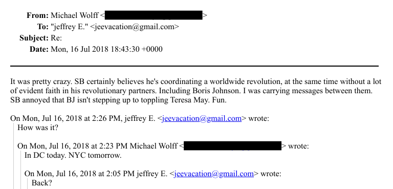 peterjukes's tweet image. 2018: Bannon told Epstein he met Johnson, Farage, Rees-Mogg to topple May. Wolff emailed Epstein as Johnson intermediary. 10/12