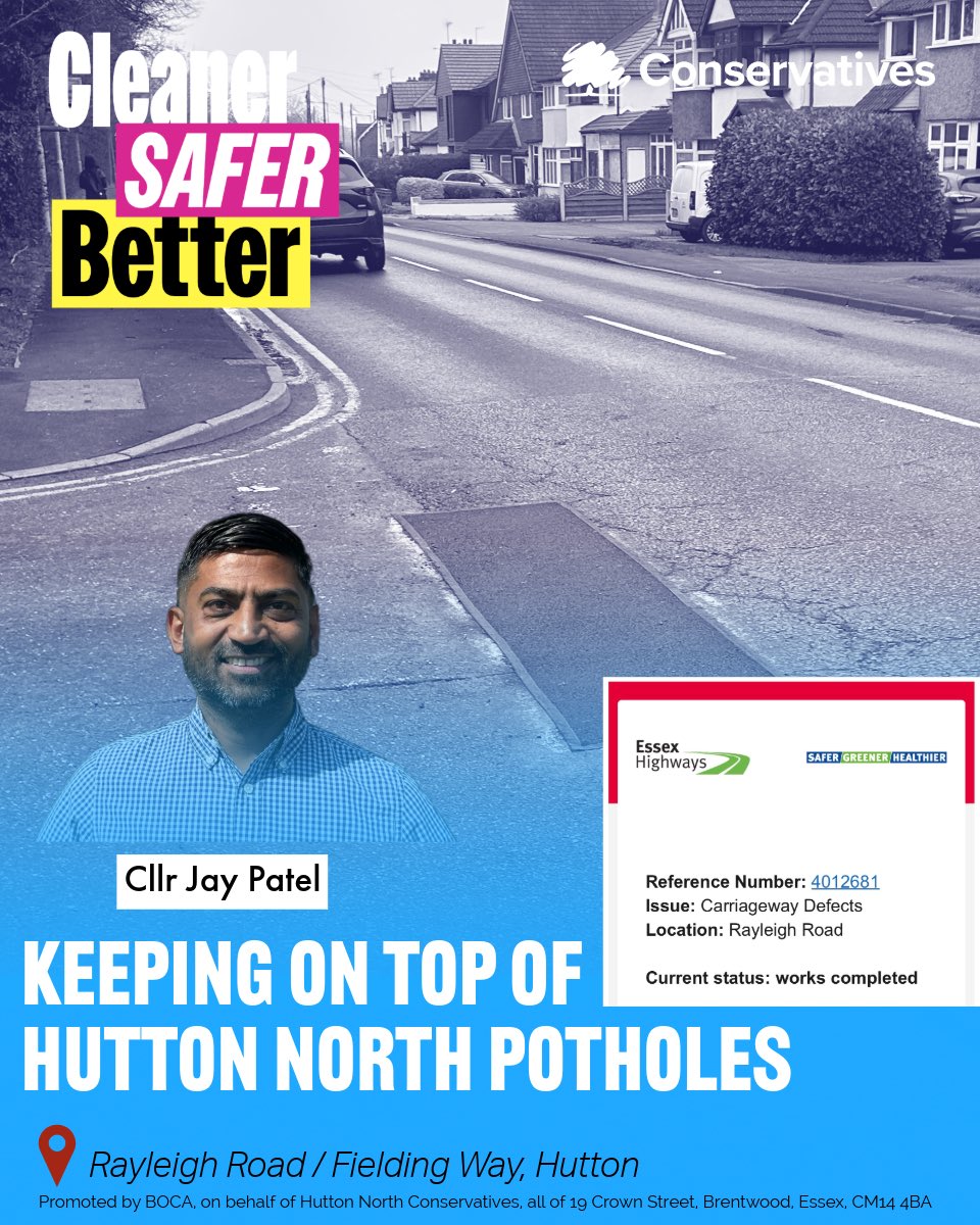 KeithRBarber's tweet photo. We are pleased that today we saw the permanent repair to the pothole at the junction of Rayleigh Road and Fielding Way here in Hutton North. This was one was reported by Cllr Jay Patel and local Borough Councillors following requests received by residents who were being impacted when turning right at the junction (towards Shenfield). 

Thank you as always to our local Conservative County Councillor Louise McKinlay who has escalated many such highways issues across the whole Brentwood Hutton division. 👏 @followers