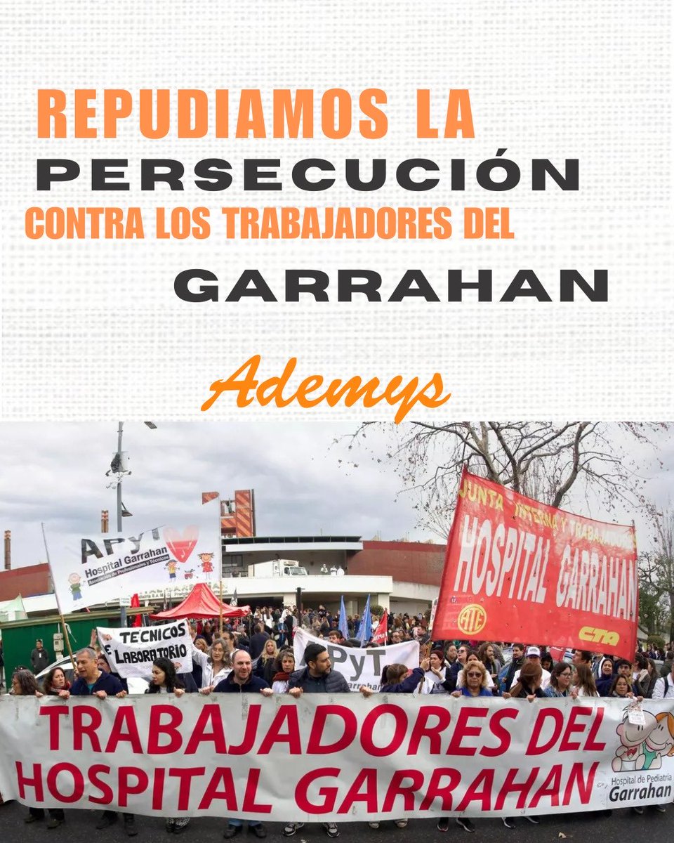 Ante el anuncio del gobierno de aplicar sanciones a delegadxs y referentes del Htal Garrahan, nos solidarizamos con lxs compañerxs de Ate-Garrahan y APyT. ⁦<a href="/HospGarrahan/">Hospital Garrahan</a>⁩ ⁦<a href="/APyT_Garrahan/">Asoc. Profesionales y Técnicos - Hospital Garrahan</a>⁩ ⁦<a href="/AteGarrahan/">ATE Garrahan</a>⁩