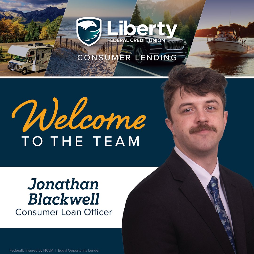 Help us welcome jonathan blackwell liberty fcu to the Consumer Lending Team! Are you looking to finance your dreams? Whether it's a new car, boat, or personal project, Jonathan is here to help you every step of the way. Apply for a loan today ➡️ bit.ly/3NTwZaV