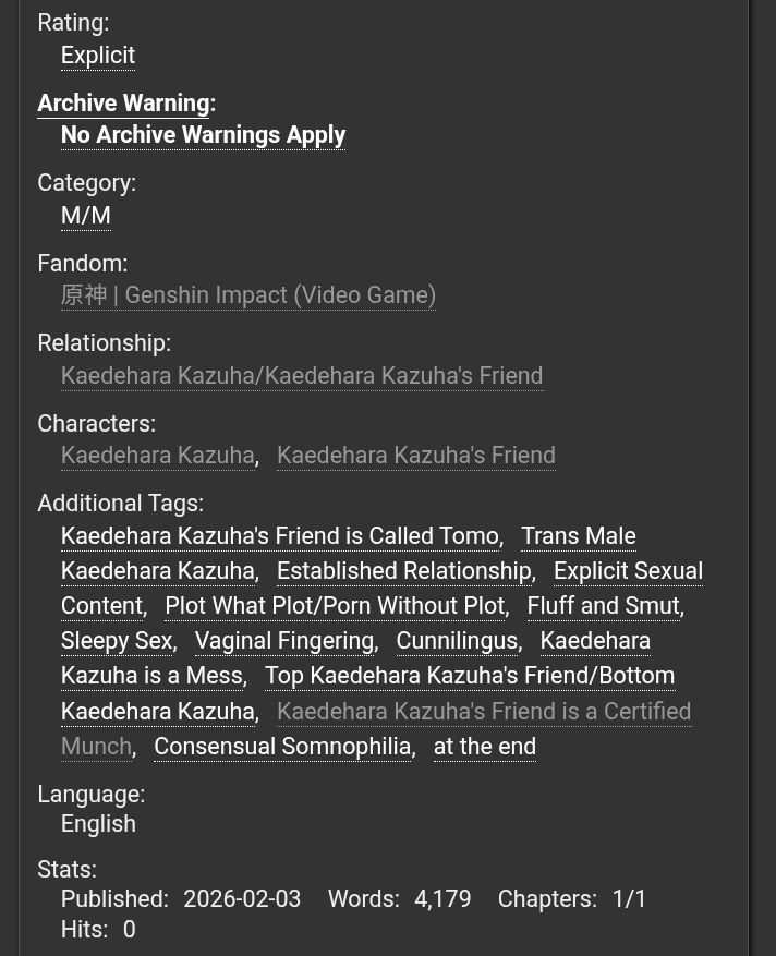 IN A DAZE 
E-rated ; 4.1k words ; not beta read
trans!kazuha — day 3: "i need to feel you. i need you."

"Can you show me how I’m to be cleaned, my love?” 
"Of course, Kazu-hime. Anything for you."

#tomozuhaweek2025NSFW #tomokazu #tomozuha 

🔗 archiveofourown.org/works/78858631