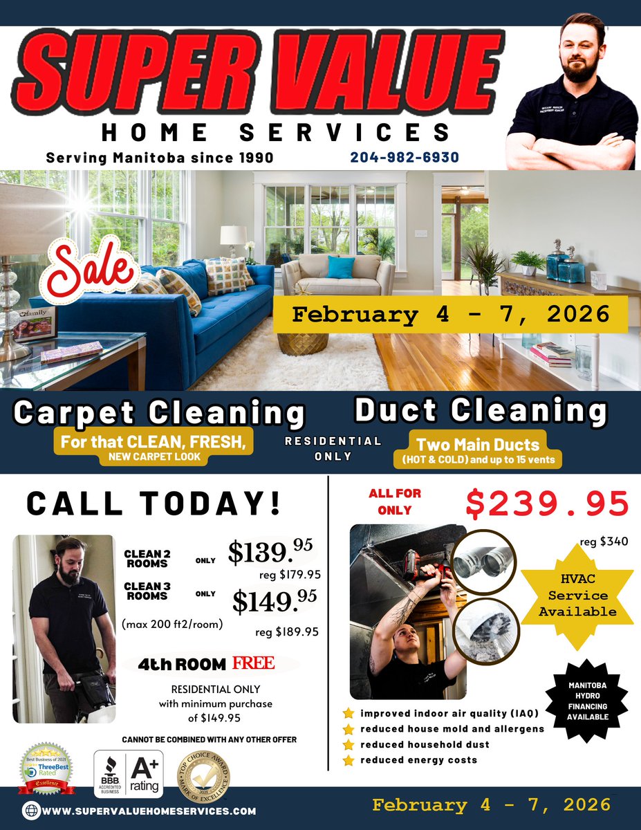 SuperValueHS's tweet photo. Fresh Floors + Clean Air = Happy Home - https://t.co/AFGx3a63p4
#winnipeg #ywg #shoplocal #topchoiceawards #shoplocalcanada #ductcleaning #carpetcleaing #flashsale https://t.co/VhKuIi8Iv0