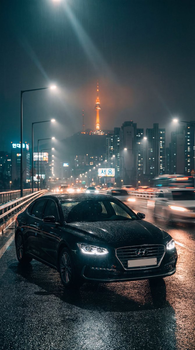 futurelogg's tweet image. 🚗 Hyundai Grandeur - Seoul Night Drive 

Title: Nanobanana pro + Kling v2.6 Pro

📸 Image Prompt:
Cinematic vertical shot of sleek black Hyundai Grandeur parked on glossy wet Han River bridge at night, dramatic Seoul cityscape with neon lights and skyscrapers reflecting on the…
