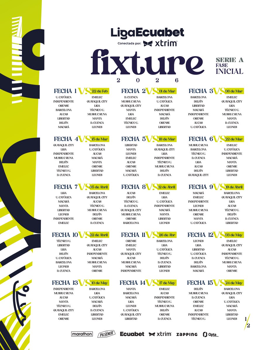 RedondaTv's tweet photo. 📢 ¡Ya está el calendario oficial de la LigaPro Ecuador 2026!

La temporada arranca el 20 de febrero de 2026, con los 16 equipos listos para darlo todo por el título nacional y los cupos internacionales. 📆🏆 https://t.co/qsj3ibKNQZ