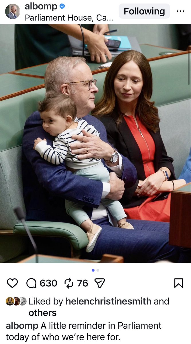 Albanese's baby photo opp and caption that it's a reminder of "who we are for" is posted on the eve of welcoming Israel's Herzog - a man who signed bombs that blow up children and who is complicit in a genocide.