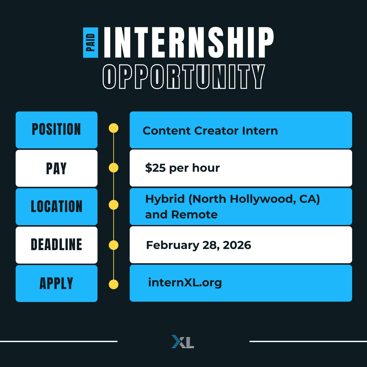 theinternxl's tweet photo. New internship opportunity! 💫Turn your creativity and passion for music into a paid internship. 

Details:
 💻 Location: Hybrid (North Hollywood, CA) / Remote
 💰 Pay: $25/hour
 📆 Deadline to apply: Friday, February 6th
 
📲 Visit https://t.co/14o6MSQhkz to get started. https://t.co/ubzNmFNeR9