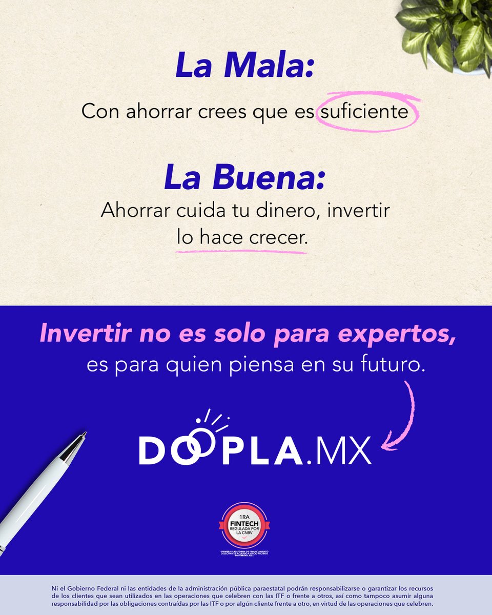 Haz que tu dinero haga algo más que quedarse quieto.
Invierte aquí: doopla.mx/ux/invierte-tu…
