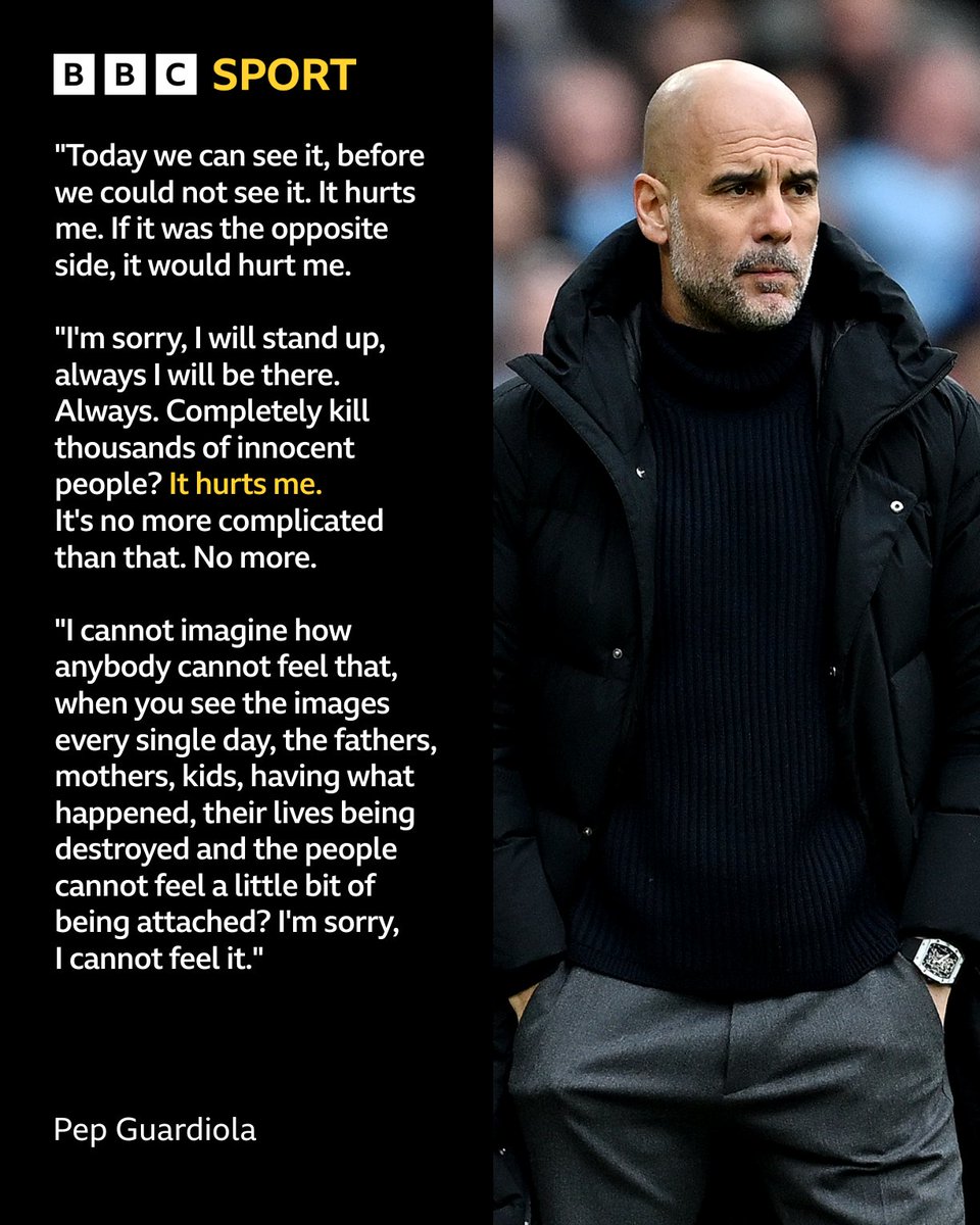 Pep Guardiola says he wants to use his position to "speak up to be a better society" as he talked at a football news conference about the "hurt" he feels for victims of global conflict.