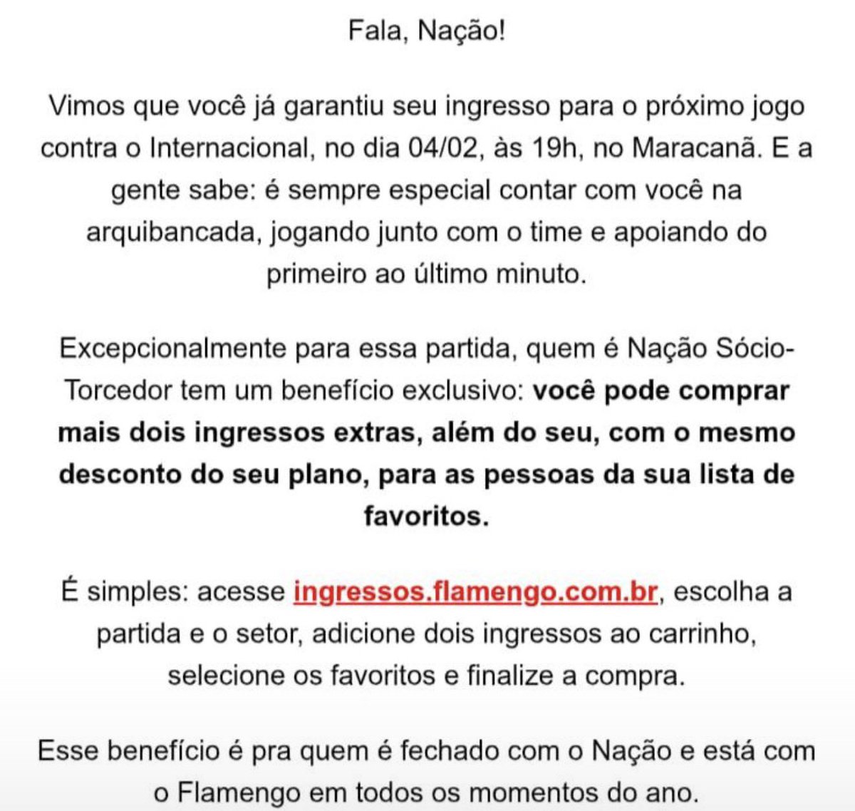 Flamengo oferece benefício exclusivo para Nação Sócio-Torcedor em jogo no Maracanã

O Flamengo anunciou um benefício especial para os torcedores que já garantiram presença no confronto contra o Internacional, marcado para o dia 4 de fevereiro, às 19h, no Maracanã.