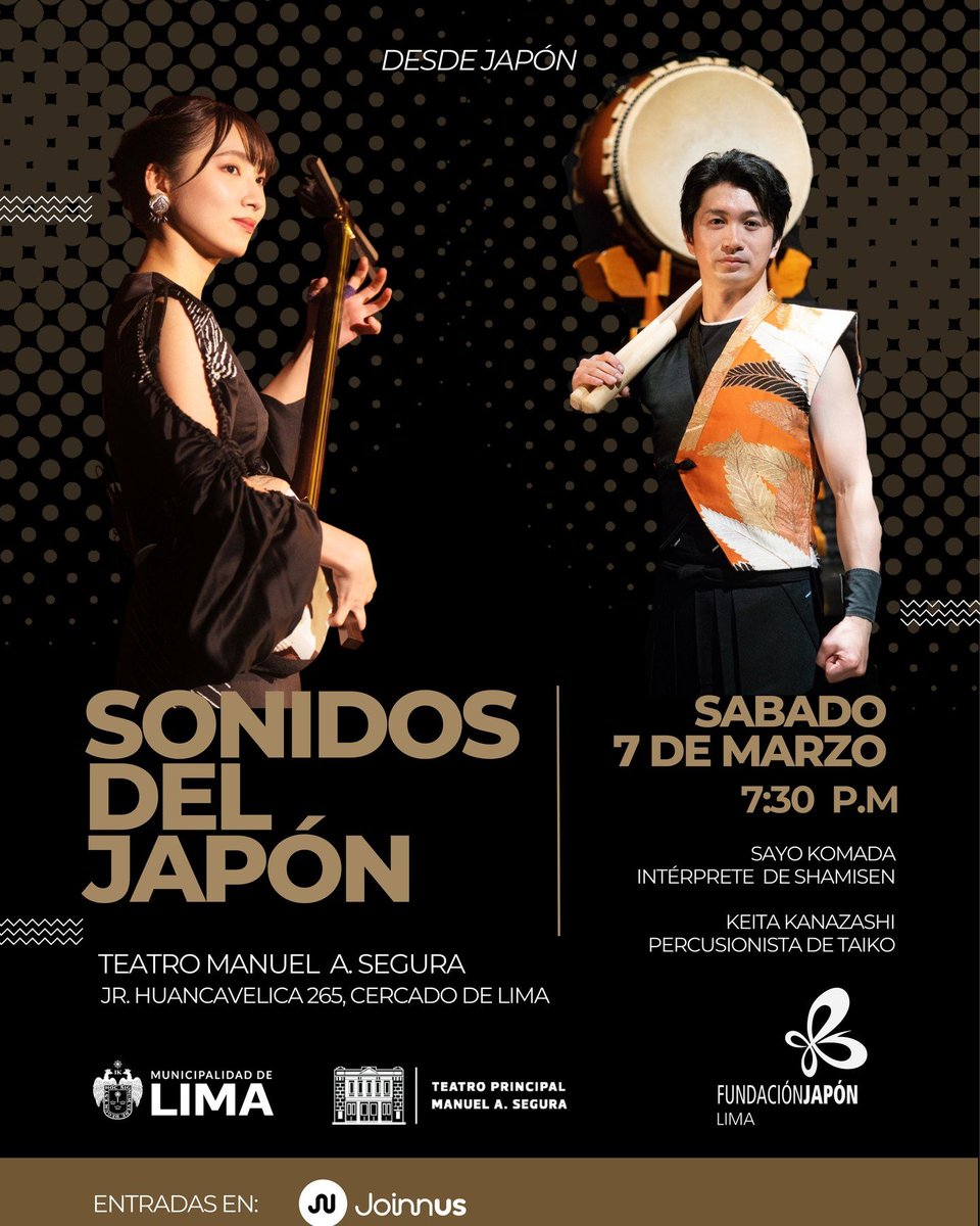 🎶#SonidosDelJapón | Esto no es solo un concierto. Es #tradiciónjaponesa, ritmo y energía en vivo 🇯🇵🔥
🪕 #SayoKomada (shamisen) 🥁 <a href="/keita_kanazashi/">けーた🥁タイコで繋ぐ🇯🇵🇪🇸🇨🇦､､､</a> (taiko)
📅 Sáb. 7 de marzo | 7:30 p. m.
📍 Teatro Manuel A. Segura
🎟 Entradas en Joinnus
¿Con quién irías? 👀
#AsiaFighting #Japón