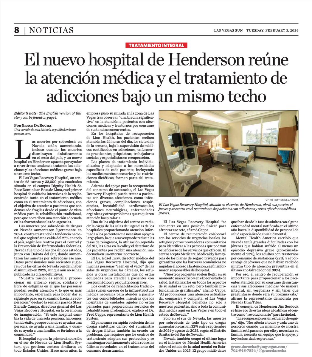 Featured! Las Vegas Recovery Hospital is on the cover of <a href="/LasVegasSun/">Las Vegas Sun</a> 
Thank you to Grace Da Rocha and Chris DaVargas for such an incredible article and photos!
lasvegassun.com/news/2026/feb/…