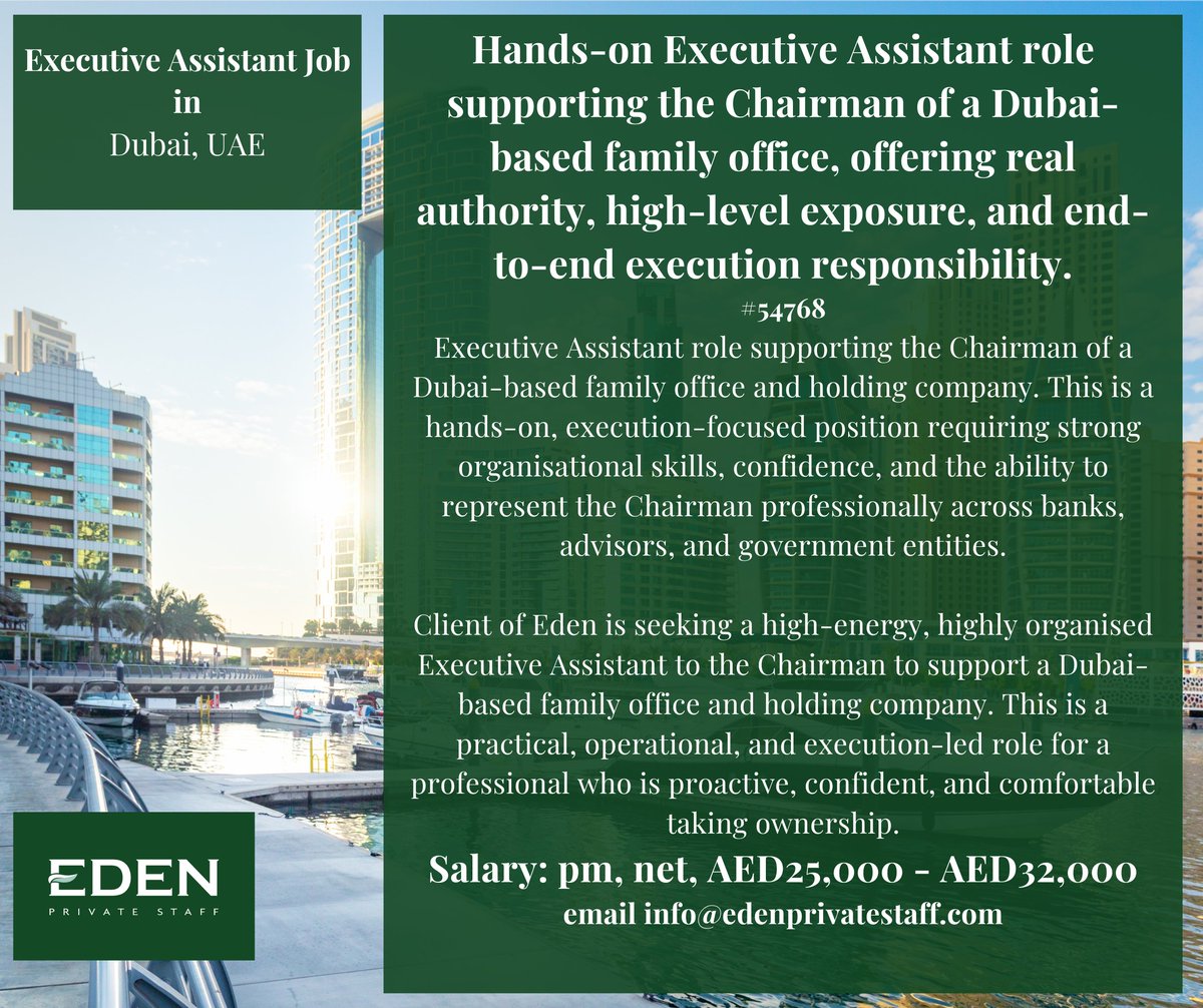 EdenPrivateStaf's tweet photo. Executive Assistant to Chairman | Dubai | Family Office

https://t.co/P3uBlxW6ls

#ExecutiveAssistant #EAJobsDubai #FamilyOffice #PrivateOffice #DubaiJobs #SeniorEA #OperationsRole #UAECareers https://t.co/TCzt5U9wXI