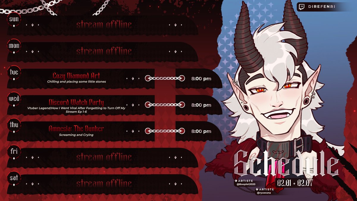 🔥Very late SCHEDULE (EST)🔥

TUES - Diamond Art

WEDS - Discord Watchparty

THURS - Amnesia: The Bunker 

🖤See You in the Underworld!🖤