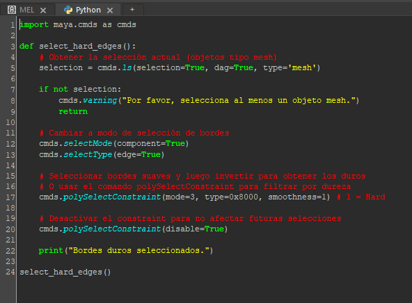 Okey, gemini esta piola, para cosas basicas lo vengo usando y dentro de todo, banco. No asi ChatGPT. 
Hice (gemini hizo) un script rapidito para Maya. 
Basicamente, lo que hace es seleccionar todos los hard-edges de un mesh. 10/10