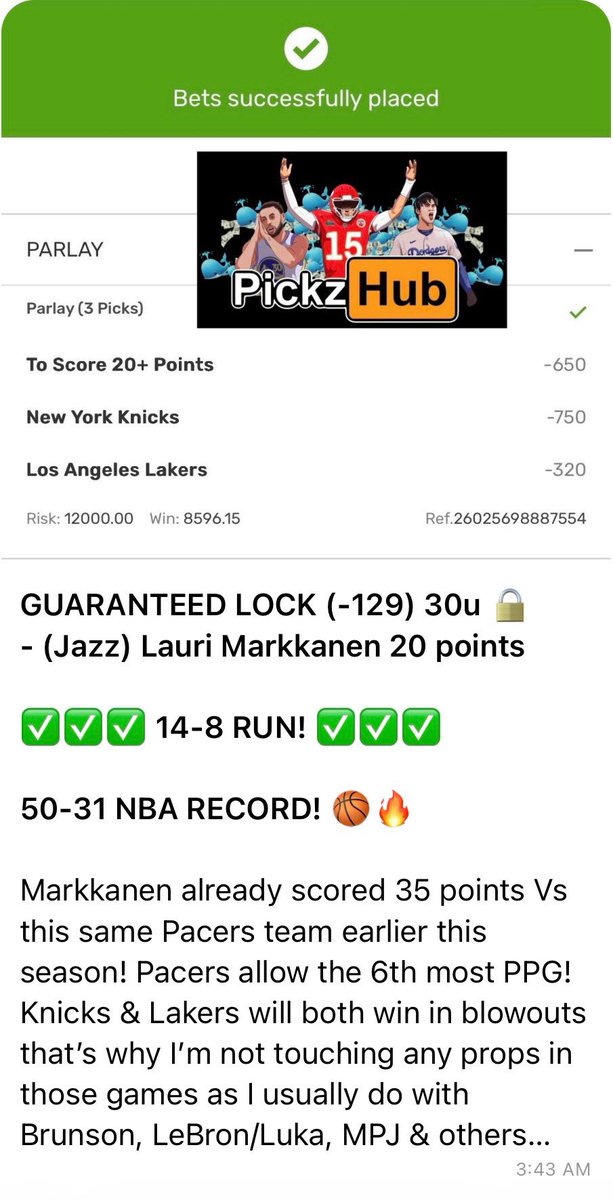 🐳🔒 FREE GUARANTEED LOCK (-129) 🔒🐳

13-1 “FREE” PLAY RUN! ✅✅✅✅✅✅✅✅

🎁 FREE GUARANTEED LOCK (-129) 🔒
KNICKS
LAKERS
LAURI MARKKANEN 20 POINTS

Make sure to join VIP after this wins AGAIN! 📈

❤️ LIKE ❤️ IF TAILING ANOTHER EASY WINNER!