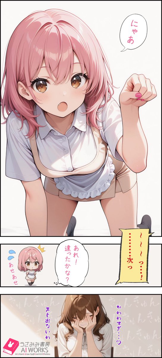 皆さんおはうさ！
かわいいポーズ第3弾は「ねこポーズ」(ฅ•ω•ฅ)ﾆｬﾝ

店長の様子も出てきます👀w

SFW anime-style illustration. No nudity, no suggestive intent.