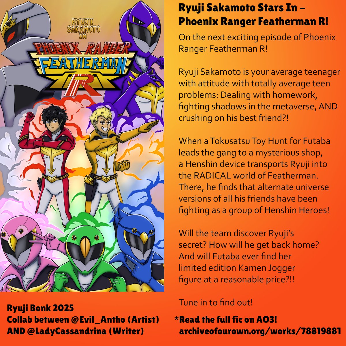 LadyCassandrina's tweet photo. This is one of my fics for this year's @ryujibonk  collab! 

It's no secret that @Evil_Antho  and I LOVE Tokusatsu so doing Featherman was the perfect choice! 
We hope you'll consider reading my fic and supporting Antho's amazing artwork. 🙏✨

#persona #pegoryu  #supersentai https://t.co/o3CDcf8tgT