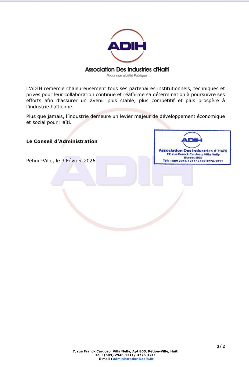 Renouvellement de la loi HOPE/HELP : l’ADIH salue une avancée et poursuit
son plaidoyer pour une extension de long terme! 
<a href="/nouvelliste/">Le Nouvelliste</a> 
<a href="/MEFHaiti/">MEF Haiti</a> 
<a href="/CFIHT/">Centre de Facilitation des Investissements - Haïti</a> 
<a href="/BRHHaiti_/">Banque de la République d'Haiti</a> 
<a href="/radiomagik9/">Magik9</a> 
<a href="/MARADIOFM/">Radio RFM 104.9</a>