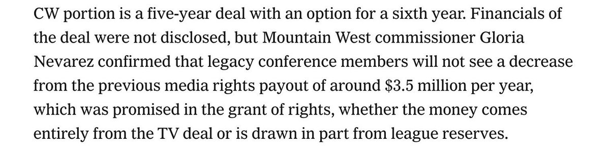 The Mountain West Grant of Rights includes a clause for legacy members to continue to receive $3.5m per year regardless of the actual payout of the new media rights deal. Subsidizing tens of millions of dollars a year feels like a pretty quick pathway to insolvency. 😬