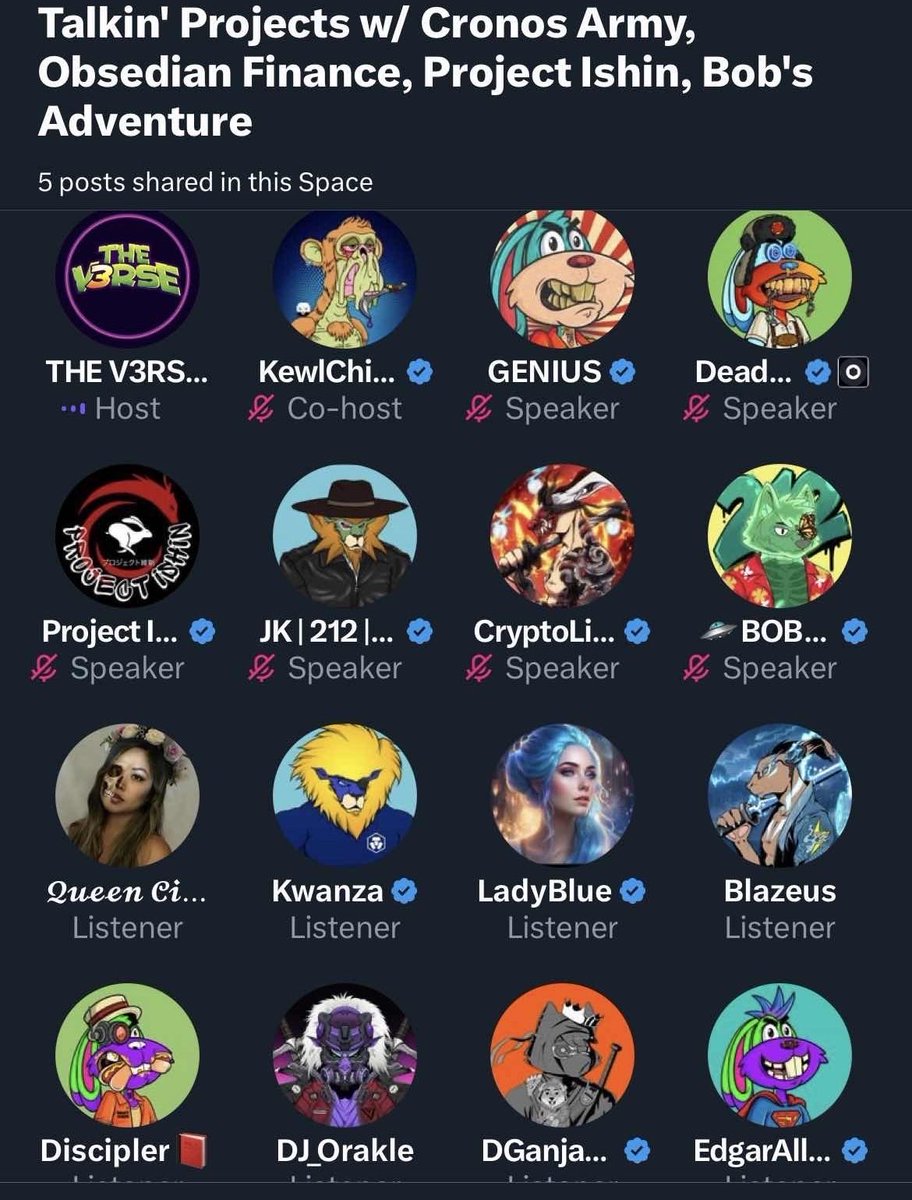 What a GREAT space <a href="/TheVerse_World/">THE V3RSE Official</a> has created something dope and is building something special. So many amazing #crofam projects showed up to the space and dope people to deliver updates and alpha. ⛩️⛩️
<a href="/Project_Ishin/">Project Ishin</a>
<a href="/CroBobAdventure/">🛸BOB Adventures | BOWs Phase 2 SOON!</a> 
<a href="/jaknjilmh/">JAK n JIL</a> 
<a href="/ObsidianSwap/">ObsidianSwap | SWAP. CLAIM. WIN!!</a>
