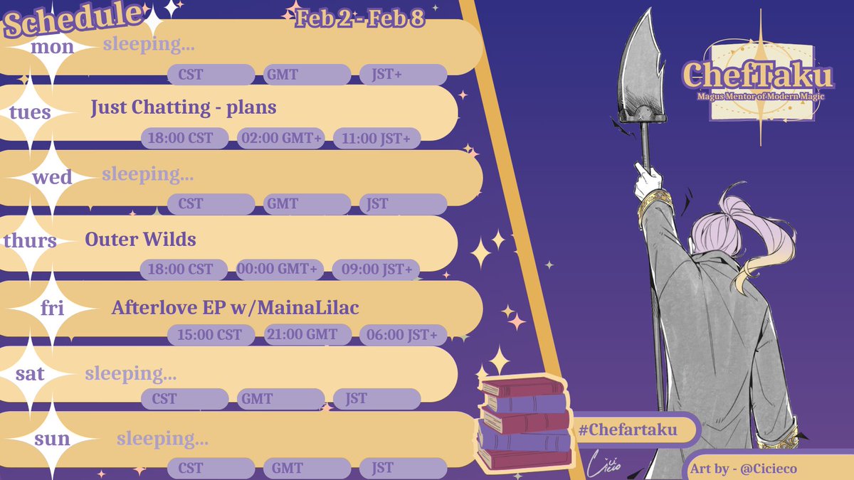 hi everyone! here is the schedule for the week, and it is a bit empty cause i realized i have 0 clue what i want to do recently. So come help me plan stuff and think about what to do! I might also pull up some mindless warframe farming, but it is gonna be just mining probably