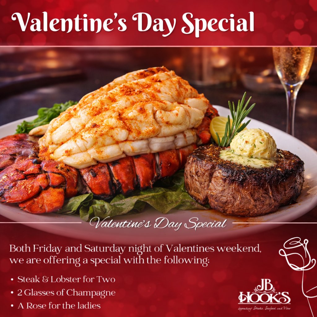 The Easy “Yes” Dinner Plan
If Valentine’s Day is on your calendar, this should be on your table.
🥩 Steak &amp; lobster for two
🥂 Champagne
🌹 A rose for the ladies
Friday Feb 13th &amp; Saturday 14th | Book online or 573.365.3255