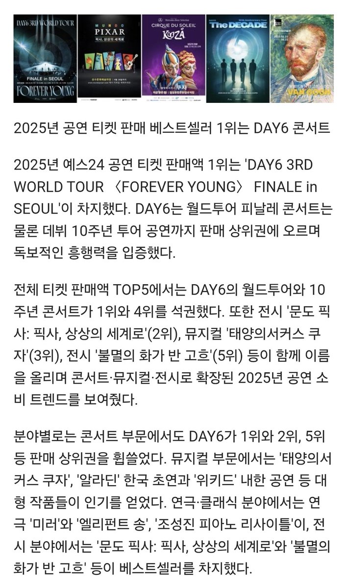 2025년 예스24 공연 티켓 판매액 1위는 'DAY6 3RD WORLD TOUR 〈FOREVER YOUNG〉 FINALE in SEOUL'이 차지했다.

전체 티켓 판매액 TOP5에서는 DAY6의 월드투어와 10주년 콘서트가 1위와 4위를 석권했다.

분야별로는 콘서트 부문에서도 DAY6가 1위와 2위, 5위 등 판매 상위권을 휩쓸었다.