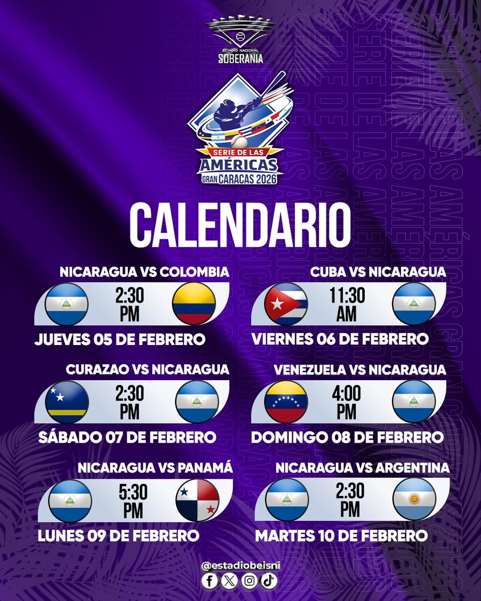 Serie de las Américas 💥 Gran Caracas 2026
Calendario de juegos de la Selección Nacional de Béisbol de Nicaragua 🇳🇮
#EstadioNacionalSoberanía🏟️