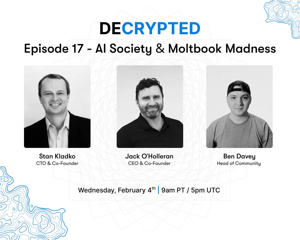 Bots, Blocks, and Belief Systems!

Join <a href="/jackoholleran/">Jack O'Holleran</a>, <a href="/Stan_Kladko/">Stan Kladko 🇺🇦 🇺🇸 🇵🇹 ☮️</a> &amp; <a href="/iFalcore/">Falcore</a> as they breakdown some of the weeks biggest tech news 🤖

📅 Wednesday Feb 4 | 9am PT / 5pm UTC