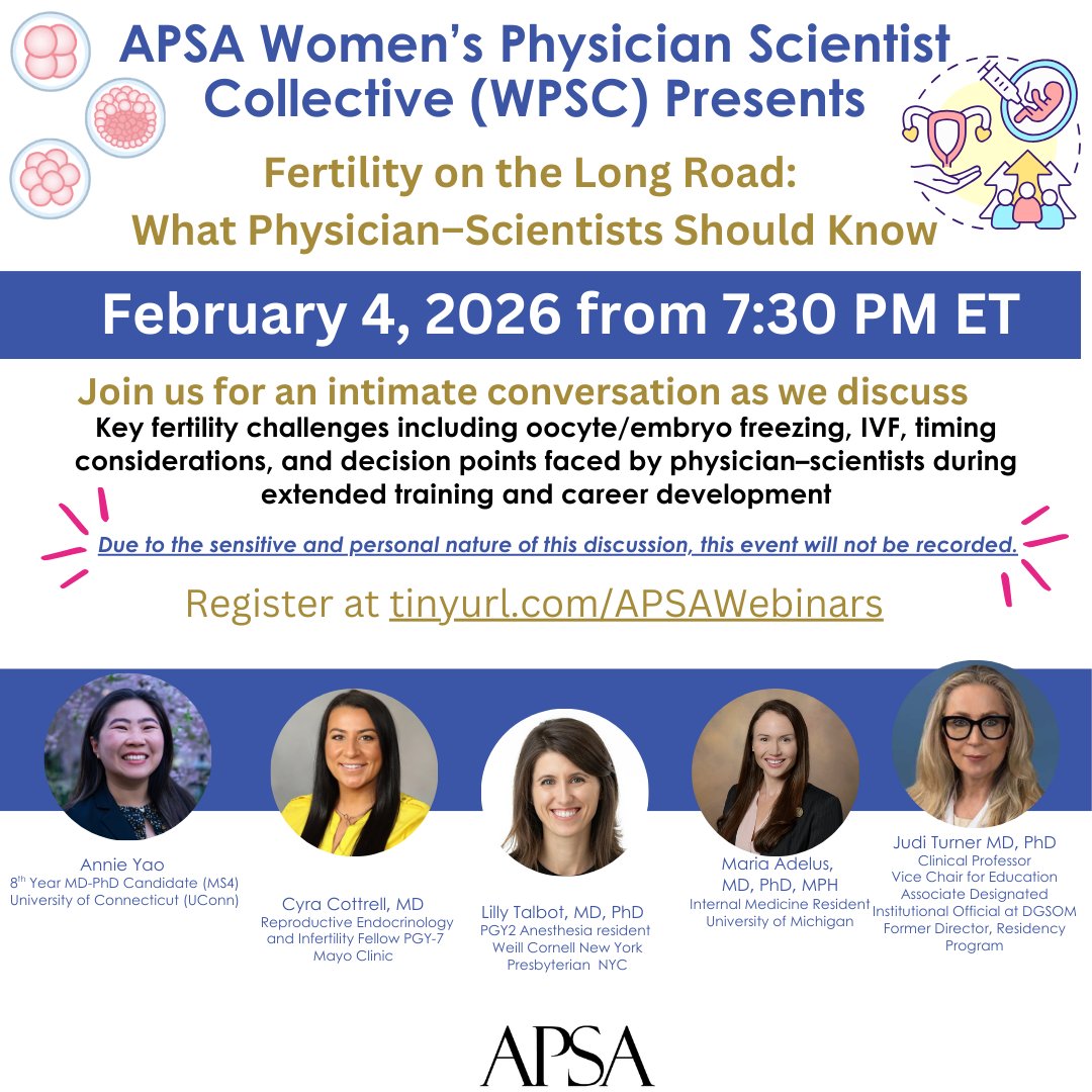 A_P_S_A's tweet photo. ⭐ Happening tomorrow! ⭐
Learn about fertility on the long road of physician-scientist training. On 2/4 @7:30 PM ET, a panel of dual-degree trainees and education leadership will be available to offer advice/answer Qs.  Register for FREE here: https://t.co/60uSYntCE3 https://t.co/w19EZuQyAi