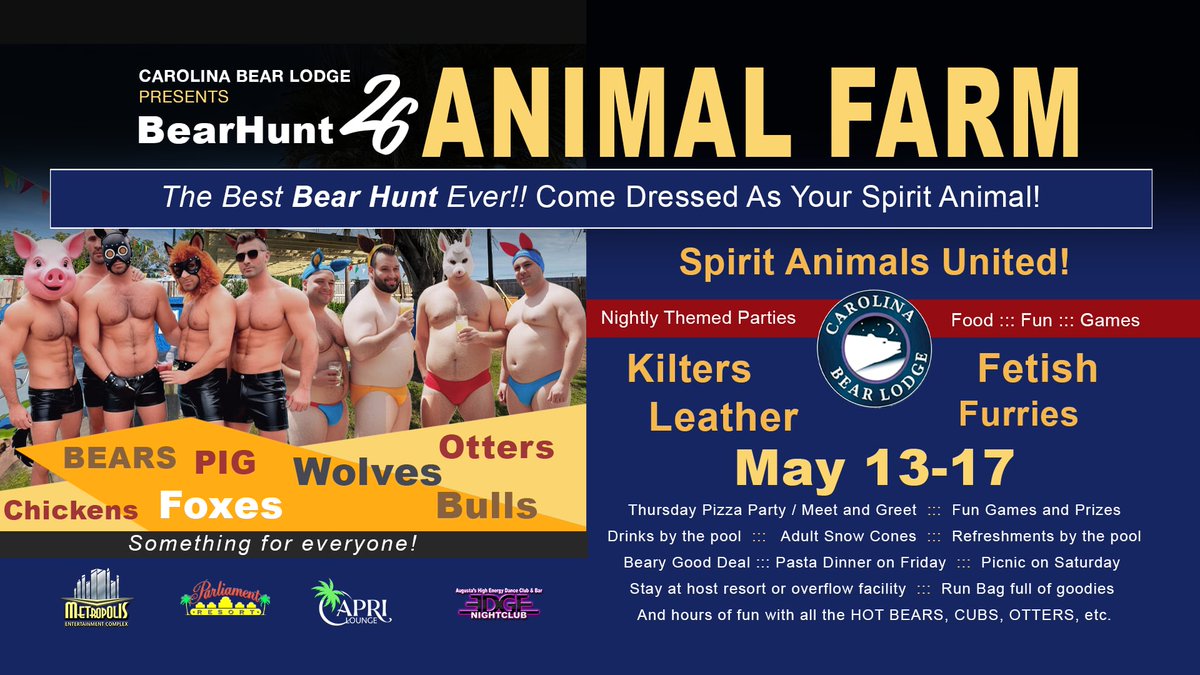 MetropolisAug's tweet image. 🐻Carolina Bear Lodge presents Bear Hunt 2026!

Join us at The Metropolis Complex, May 13–17. We’ll spend some koala-ty time together with parties, food, drinks, &amp;amp; bears.

Secure your reservation at ☎️706-722-1155.