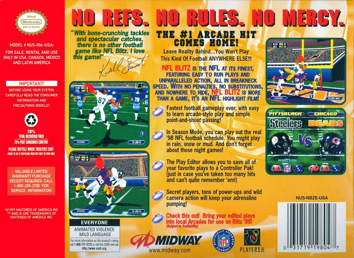 RetroEvery's tweet photo. Throwback to NFL Blitz on the N64! This 1998 arcade port delivered no-holds-barred football with massive hits, no penalties, turbo boosts, and 2-player mayhem. Over-the-top action that redefined sports games—who else remembers piling on the tackles? #RetroGaming #N64 #NFLBlitz https://t.co/5WXevJDhIN