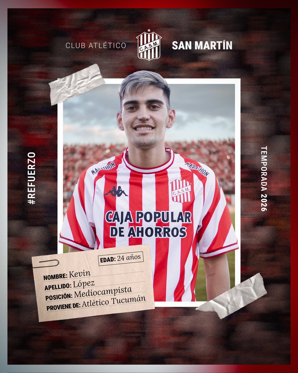 CASMOficial's tweet photo. 🔴⚪️ #PrimeraNacional

¡Bienvenido al más popular del norte, Kevin! 🇦🇹

Kevin López, mediocampista de 24 años con último paso por Atlético Tucumán, firmó su contrato y se convirtió en nuevo refuerzo del Santo.

⚽️ #VamosCiudadela https://t.co/RBr185vPiH
