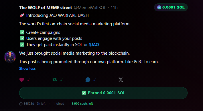 MemeWolfSOL's tweet photo. You scroll Twitter for free every day.
What if you got paid for it?
JAO WARFARE pays you real SOL straight to your wallet for liking, retweeting, and following.
Not points. Not promises. Actual crypto.
Sign up and start earning → https://t.co/fD7K1fvrmd
#crypto #SolanaGiveaway https://t.co/4yq2egRryh