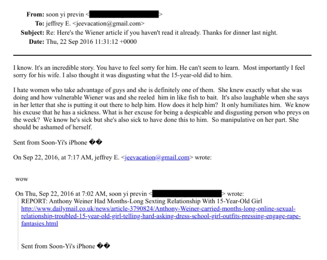 Woody Allen's wife Soon-Yi Previn emails Jeffrey Epstein about Anthony Weiner sexting a 15-year-old girl and calls the girl a "despicable and disgusting person who preys on the week."