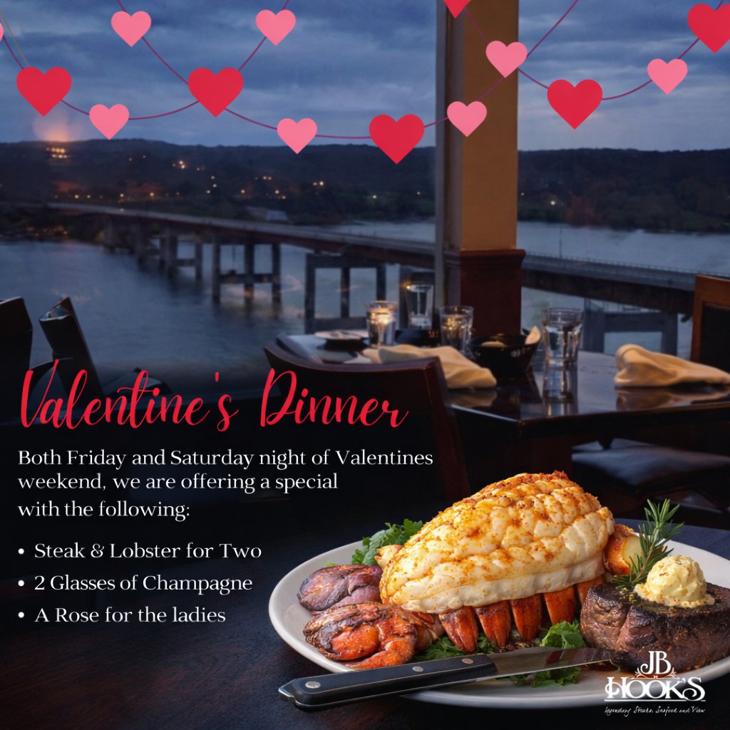 Tag Your Valentine 💕 This is your sign to book Friday or Saturday of Valentine’s Day Weekend. Steak &amp; lobster for two Two glasses of champagne A rose for the ladies 📞 573.365.3255 or reserve online