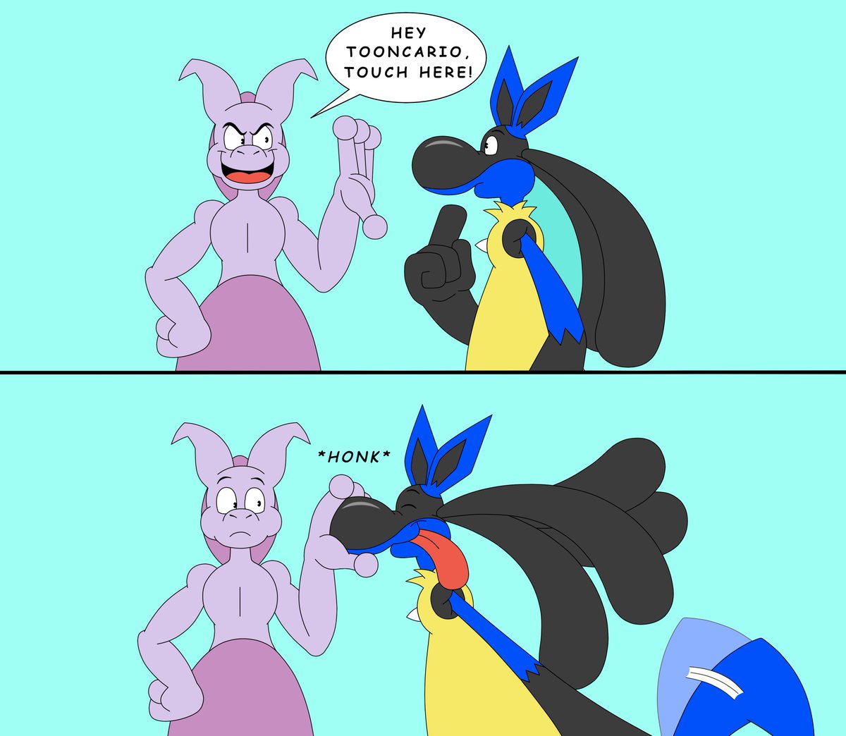 Tooncario making his greeting with Mewtoon.
Inspired by Yoshi from the Mario Galaxy movie.
#Pokemon #lucario #mewtwo