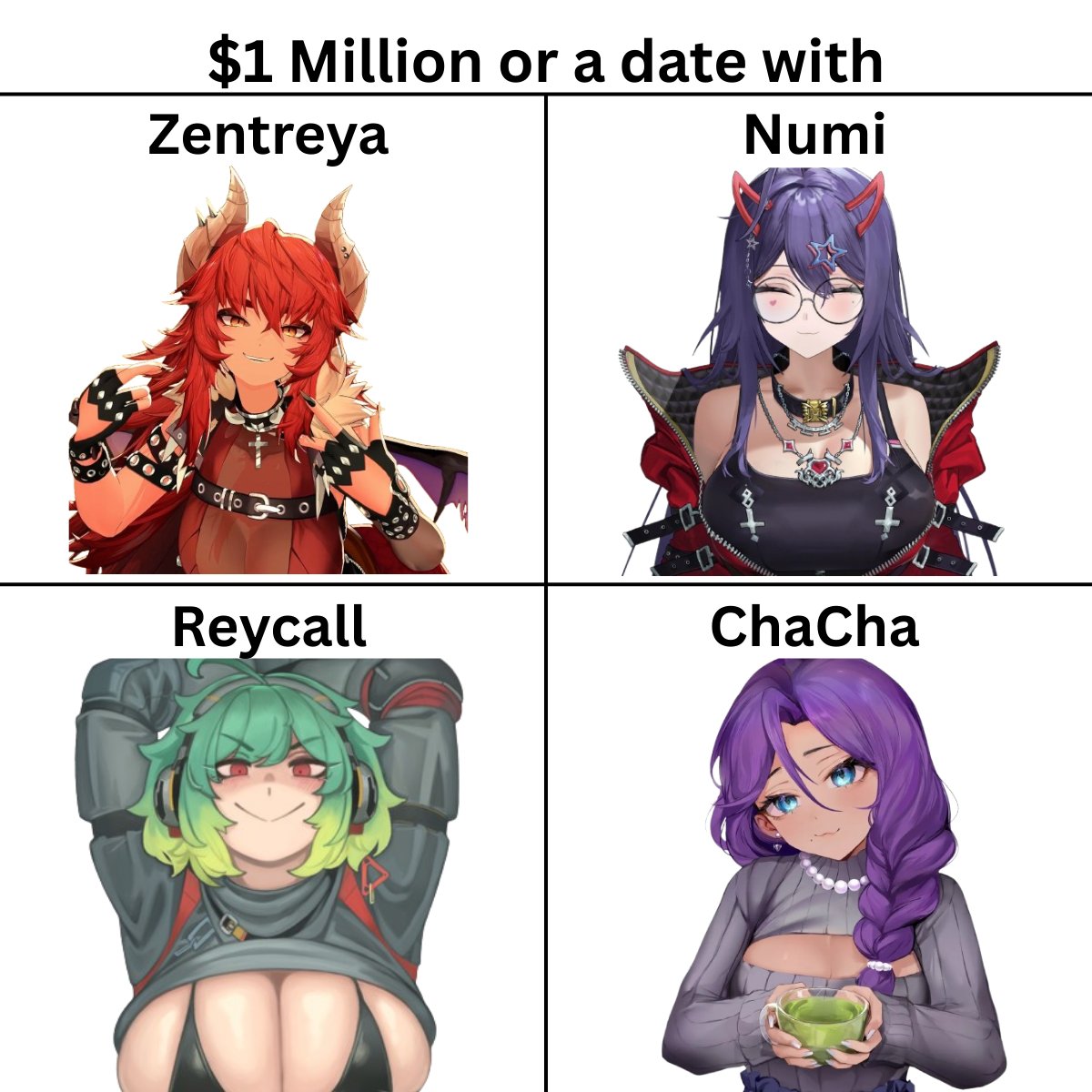 IlsaTheRanger's tweet photo. One million dollars or one night you definitely keep thinking about?
Whoโs testing your self-control? ๐๐ฅ
#VTuber #AnimeTwitter #PickOne #ReplyBait #WaifuDebate #ChooseWisely #AnimeFans #InternetPoll #VTuberCommunity #DangerousChoices https://t.co/4wFgjvfBuC