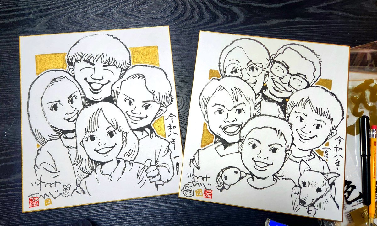 【似顔絵】

旅の途中で依頼された家族の似顔絵を2枚制作。