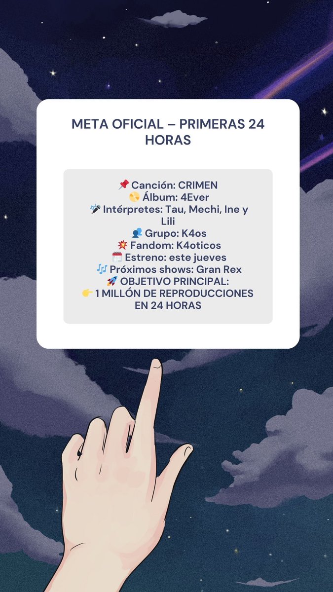 Blue7858's tweet photo. Holis Twitter!!
Se viene CRIMEN 😎
Tau, Mechi, Ine y Lili nos traen TEMAZO y la misión es UNA:
🎯 1M en 24hs
Prepárense para romper todo K4oticos 💥
#CrimenByK4os #K4os #K4oticos #Crimen24hs https://t.co/jDgS4U7qK4