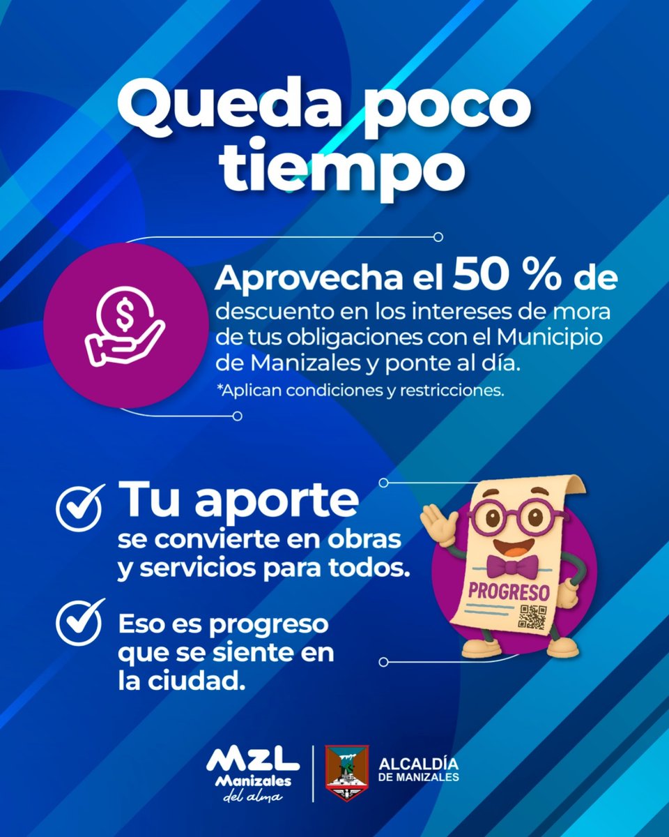 INTERESES DE MORA
📷 Queda poco tiempo.
Aprovecha el 50 % de descuento en los intereses de mora de tus obligaciones con el Municipio de Manizales y ponte al día.
📷 Impuesto predial:
Consulta tu factura en la Línea WhatsApp 📷 310 728 0262
.
.
.
#intereses