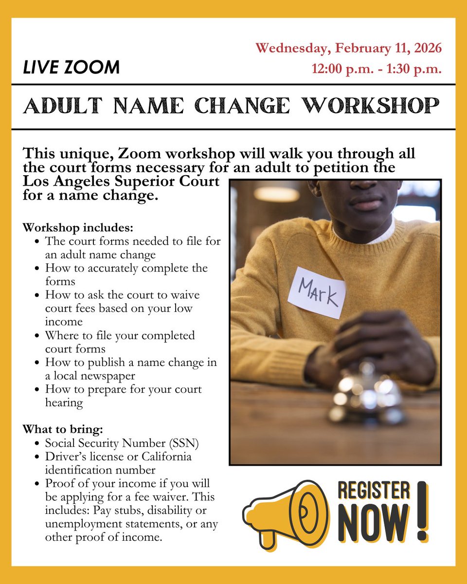 Join us on Wednesday, Feb 11 and learn all the necessary court forms for an adult to petition the Los Angeles Superior Court for a name change. To register: lalawlibrary.org/hidden-classes…