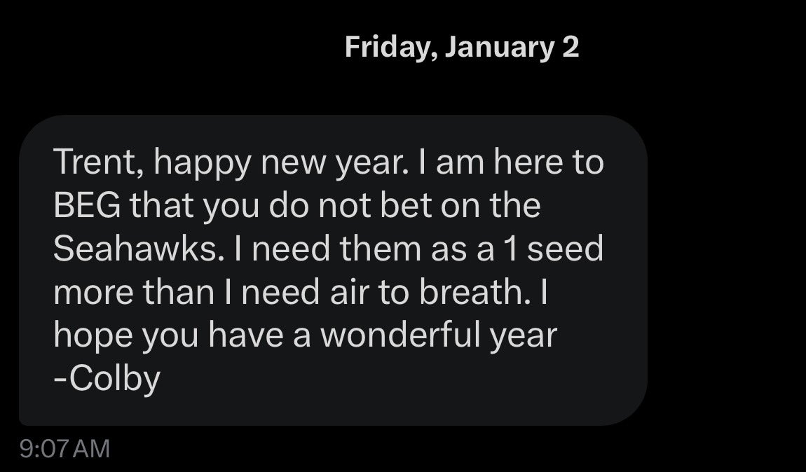 I just realized this guy has DMd me every week for 2 months politely begging me to not bet on the Seahawks. 

I have faded them in almost every game. 💀
